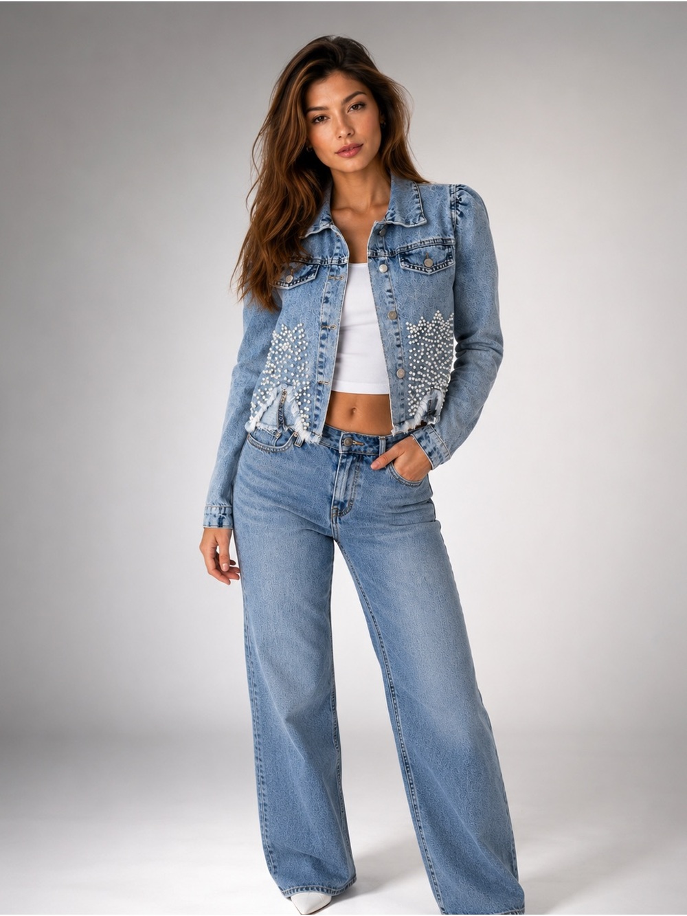 Pearl Stud Cropped Denim Jacket Small Light Wash Jean Jacket